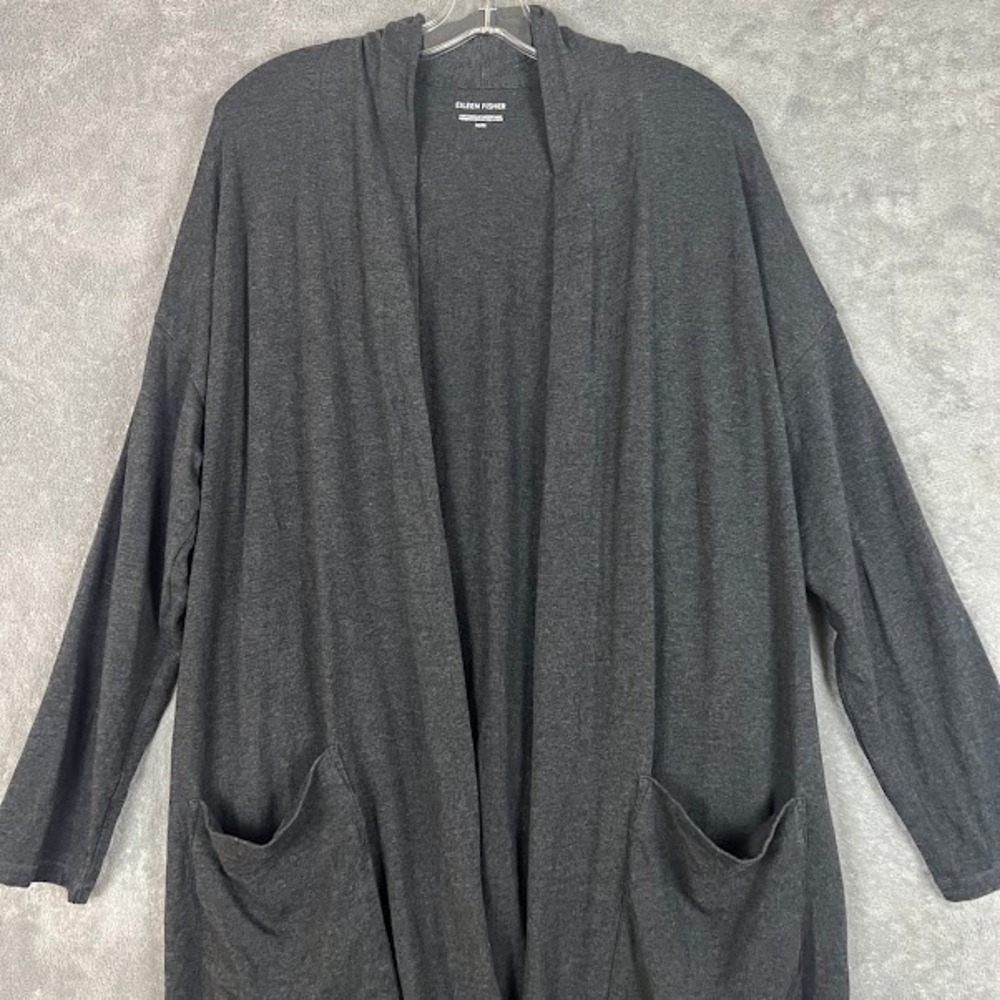 Eileen Fisher Cardigan Sweater Womens M Charcoal Tencel Minimalist Drapey Soft